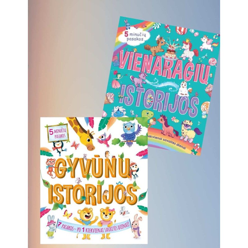 Gyvūnų istorijos + Vienaragių istorijos. 5 minučių pasakos. Dviejų knygų komplektas