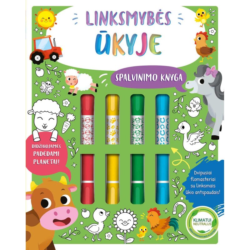 Linksmybės ūkyje. Spalvinimo knyga su dvipusiais flomasteriais