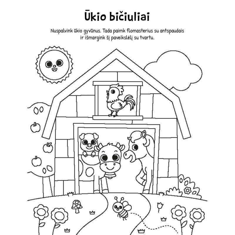 Linksmybės ūkyje. Spalvinimo knyga su dvipusiais flomasteriais