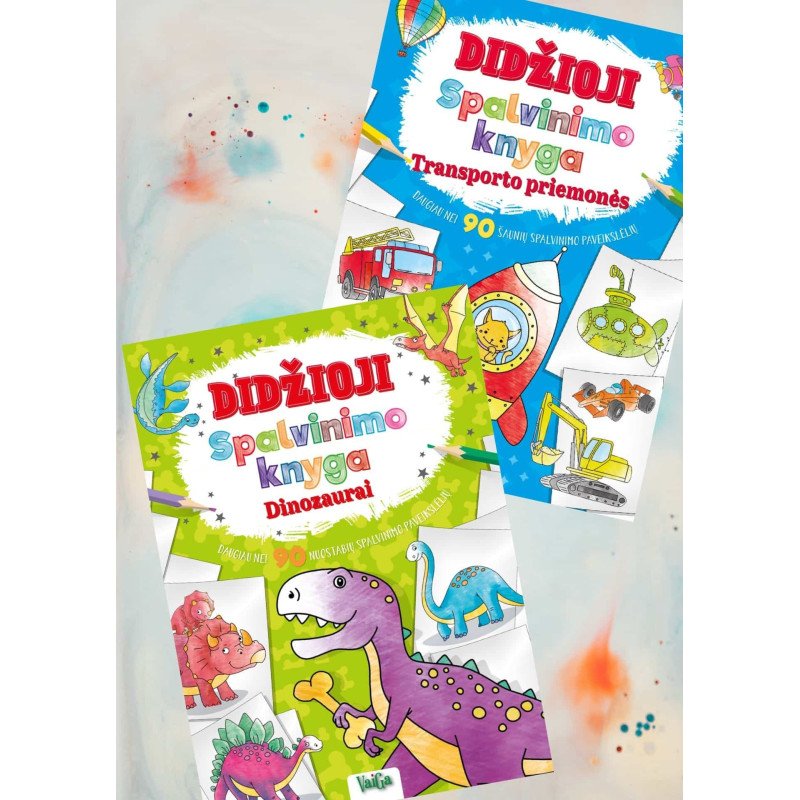 Dinozaurai + Transporto priemonės. Didžioji spalvinimo knyga. Dviejų knygų komplektas
