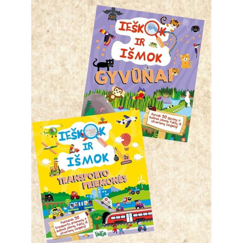Ieškok ir išmok. Transporto priemonės +  Ieškok ir išmok. Gyvūnai. Dviejų knygų komplektas